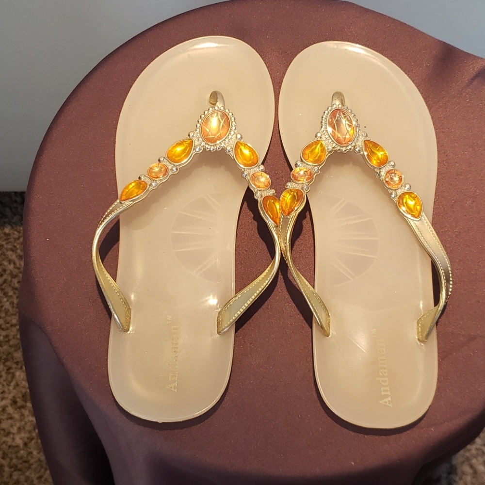 Andaman Peach & Tan Jeweled Sandals